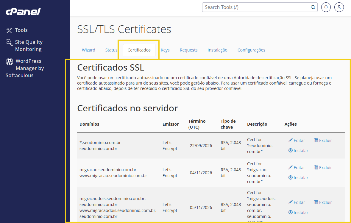 Tela do painel cPanel mostrando a seção “SSL/TLS Certificates”, com a listagem de certificados SSL no servidor, dados de domínios, emissor, término e ações como instalar, editar e excluir.