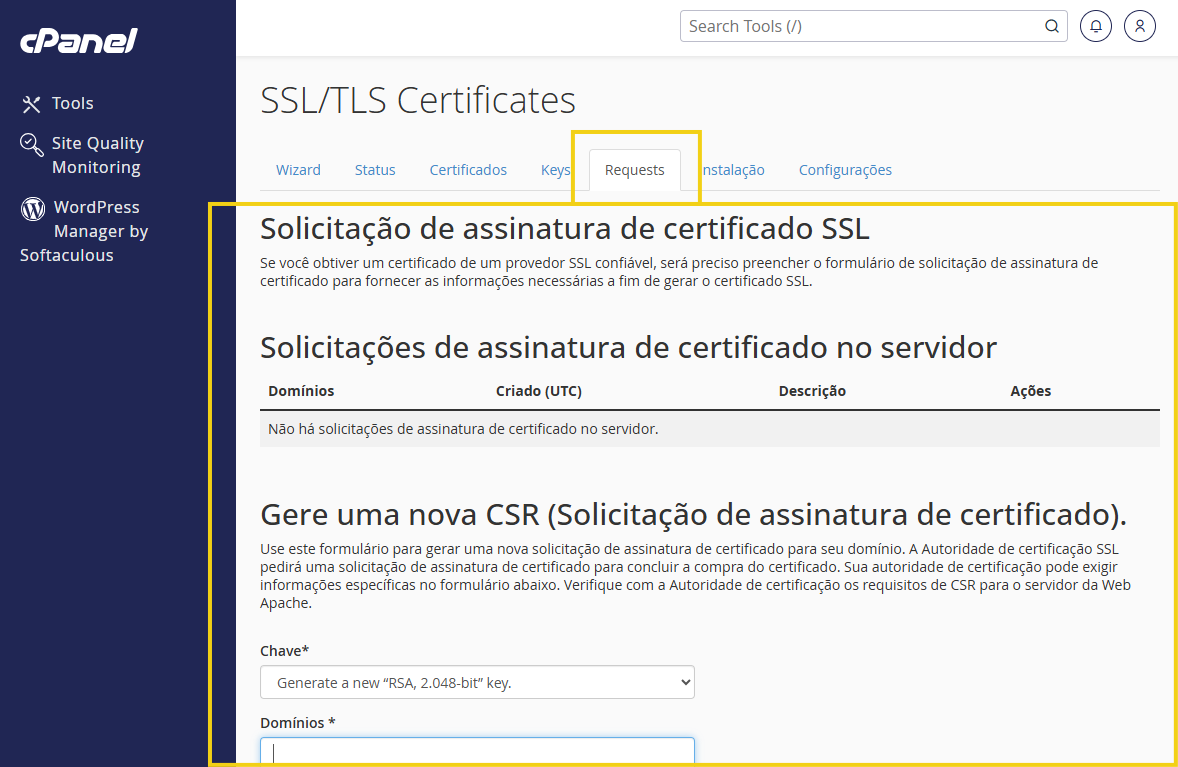 Tela do painel CPANEL mostrando a página “SSL/TLS Certificates” com “Solicitação de assinatura de certificado SSL”, campos para gerar nova CSR e informar domínios no servidor.