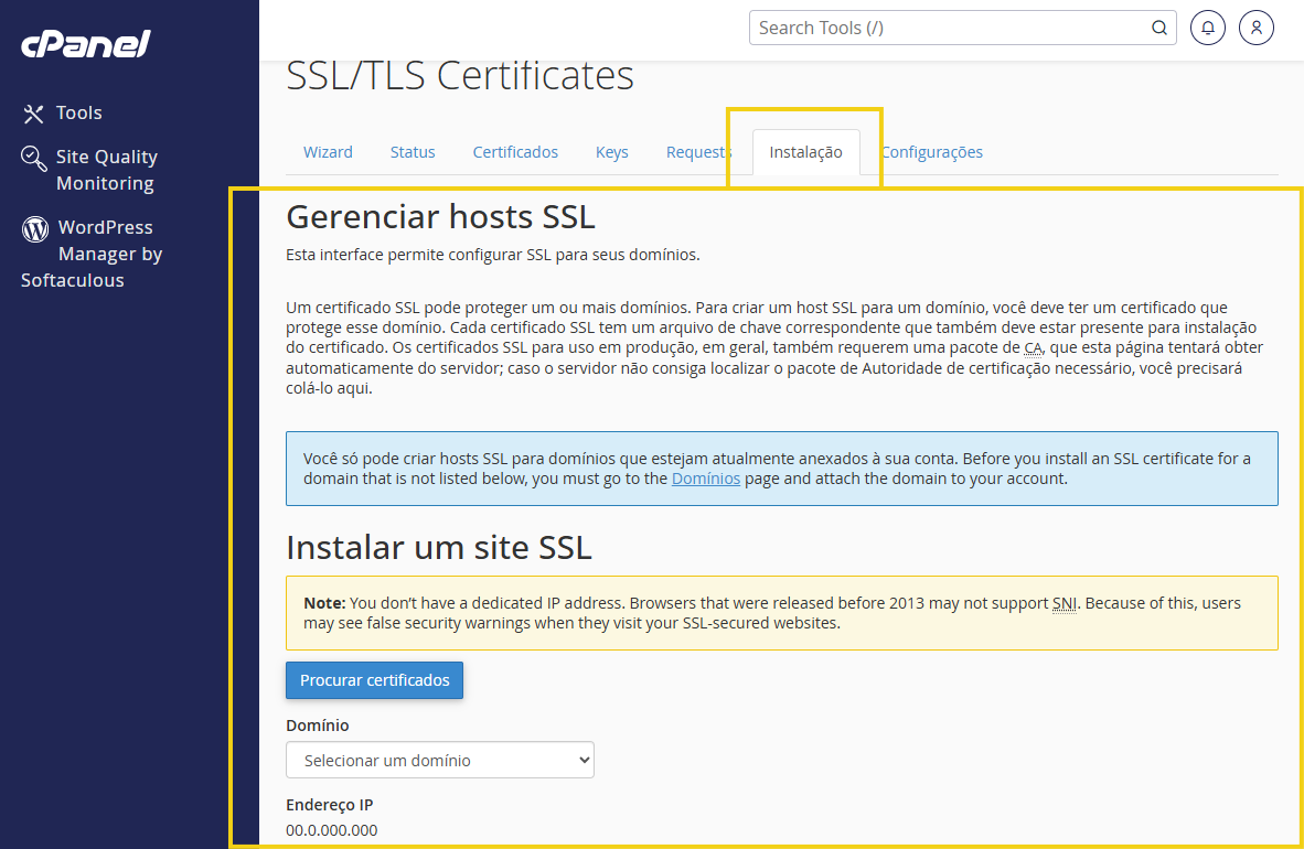 Tela de gerenciamento de hosts SSL no painel cPanel, na seção SSL/TLS Certificates, com instruções para instalar certificados e configurar domínios com segurança.