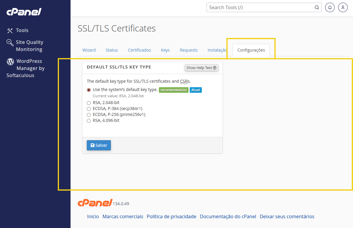 Tela do painel cPanel exibindo configurações de Default SSL/TLS Key Type para certificados SSL/TLS, com opção recomendada e valores como RSA e ECDSA.