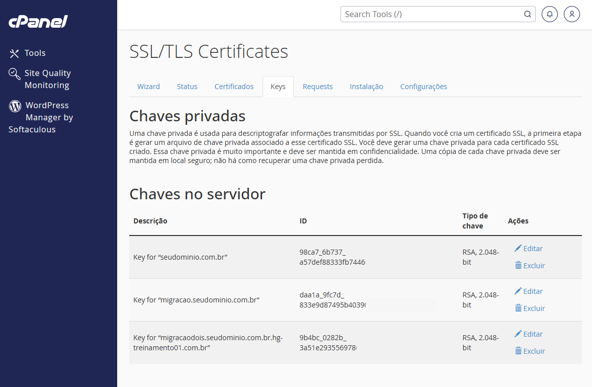 Tela de administração do painel cPanel com a seção de SSL/TLS Certificates, mostrando informações sobre chaves privadas e chaves no servidor, com tabela de IDs e ações como editar e excluir.