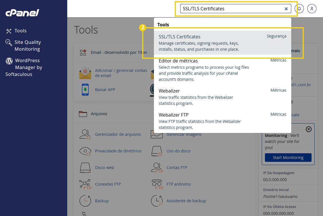 Tela inicial do cPanel com a barra de busca "SSL/TLS Certificates" e opção respectiva destacada