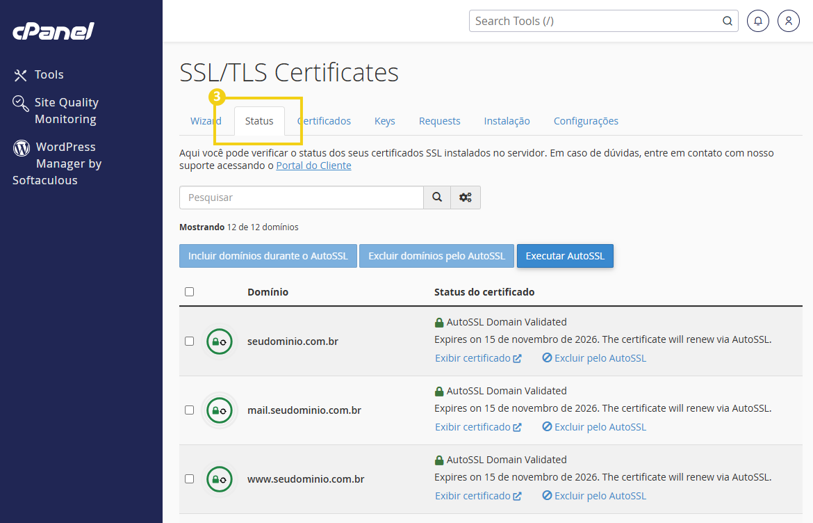 Tela de painel cPanel mostrando a seção SSL/TLS Certificates com status, certificados por domínio e opções para executar AutoSSL, listar status e renovar certificados.