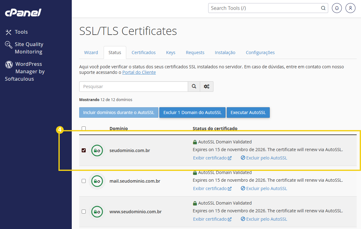 Tela de gerenciamento de certificados SSL/TSL no painel cPanel mostrando Status, domínio e validade automática do certificado, com opção de excluir e renovar via AutoSSL.