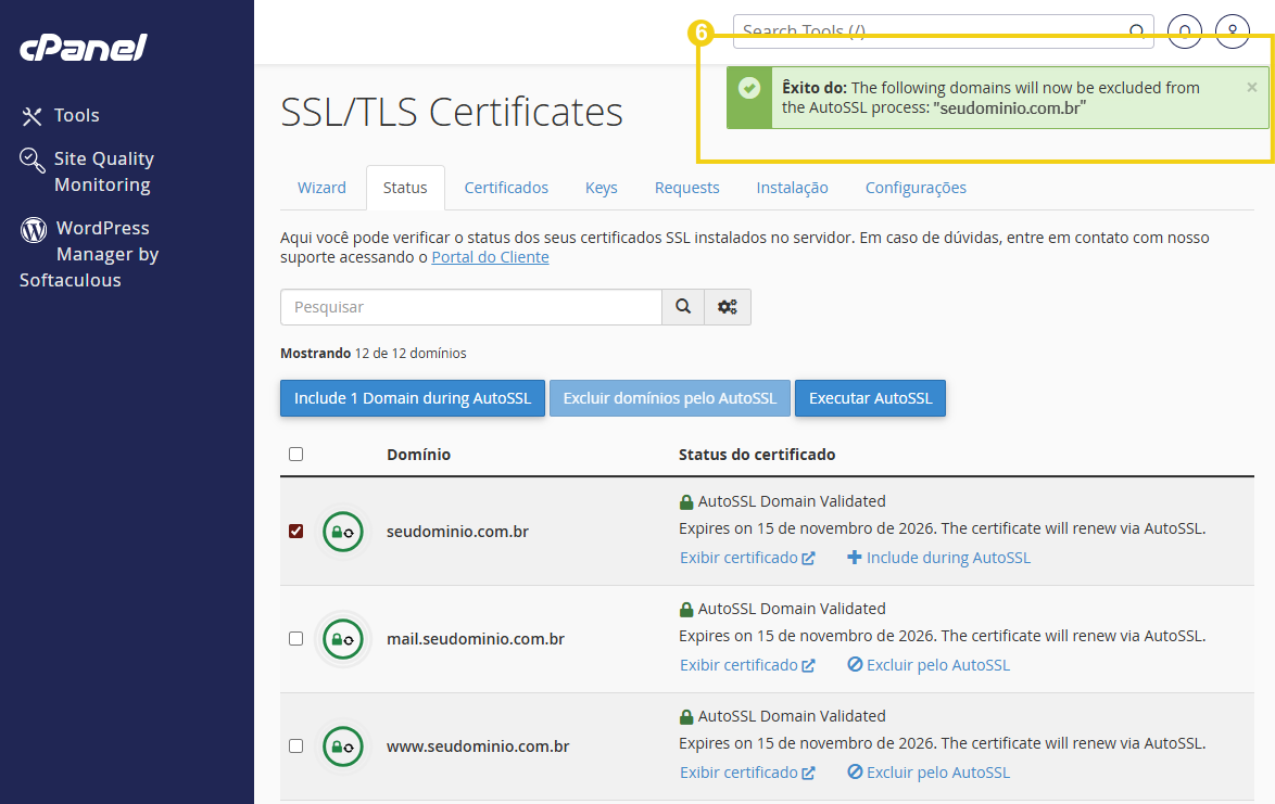 Tela de certificados SSL/TLS no painel cPanel, mostrando a lista de domínios e o status dos certificados AutoSSL, incluindo se expira e opções como incluir ou excluir domínios.