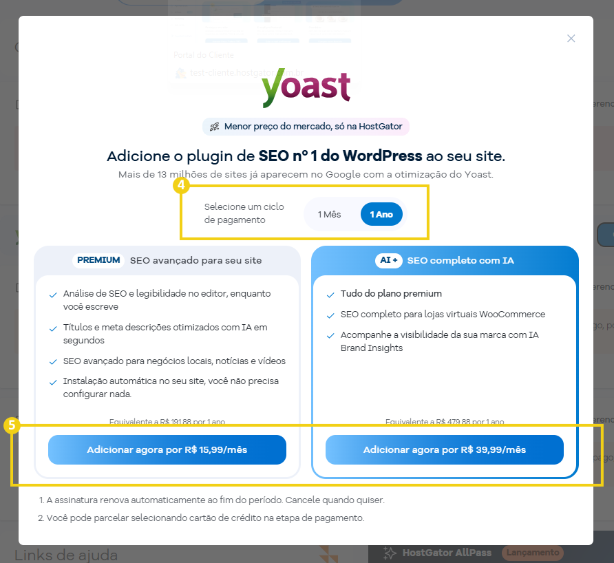 Imagem mostra a tela para escolher o ciclo de pagamento e os pacotes Yoast disponíveis