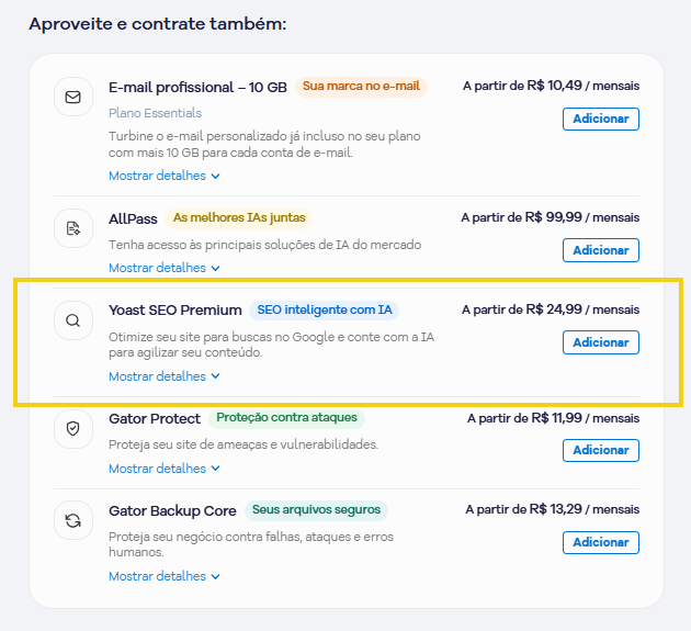 Imagem mostra a tela do carrinho, a seção "Aproveite e contrate também" que disponibiliza o Yoast