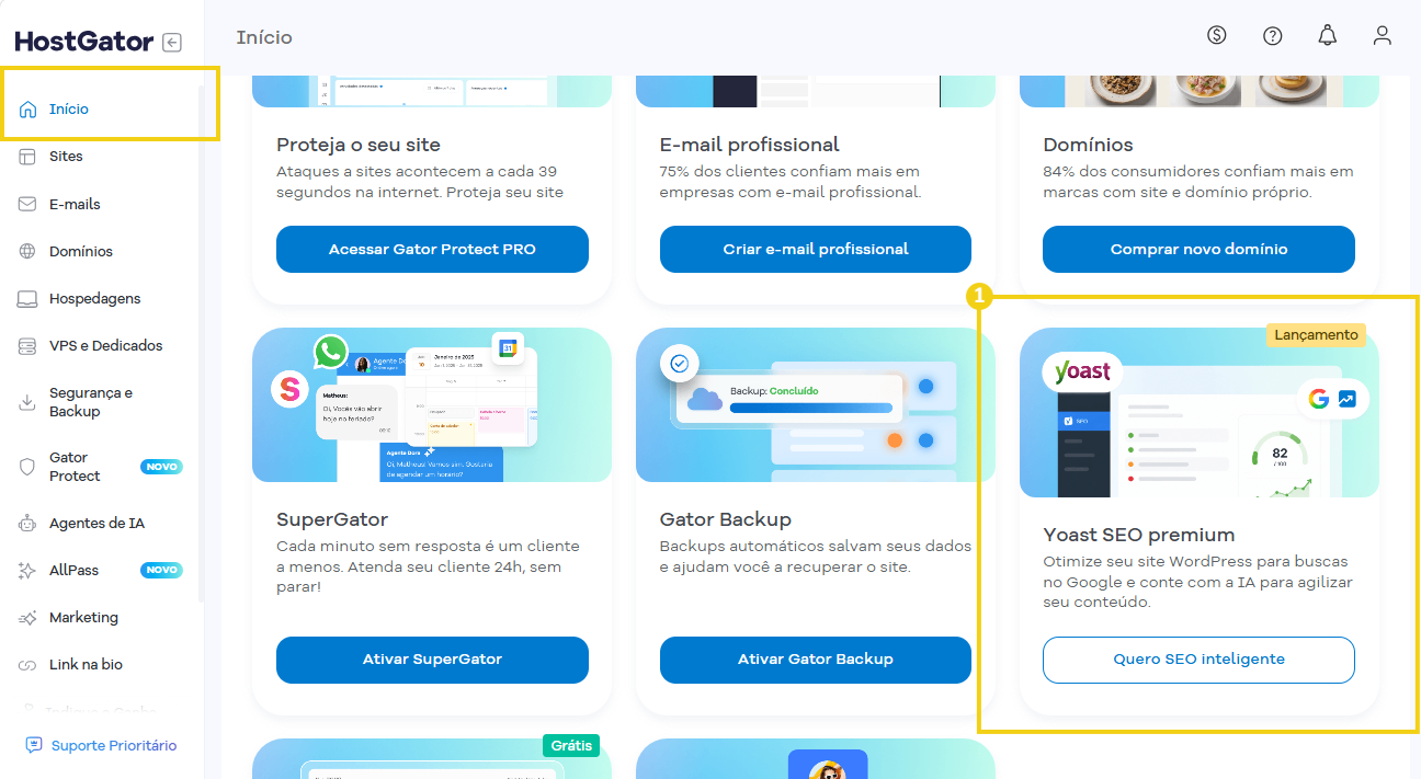 Imagem do Portal do Cliente, na tela "Início", com marcação no quadrante sobre o Yoast