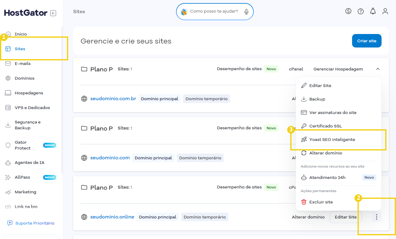 Imagem do Portal do Cliente, na tela "Sites", com marcação no fluxo de acesso