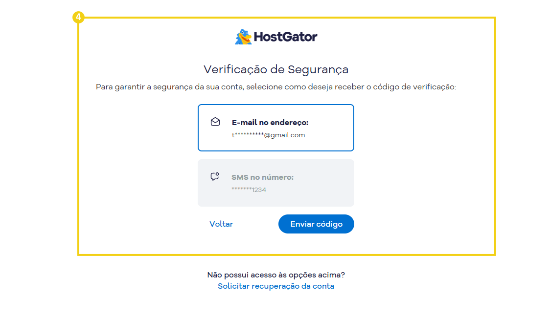 Tela de verificação de segurança da HostGator mostrando opções de email, SMS e WhatsApp para receber o código de verificação do usuário.