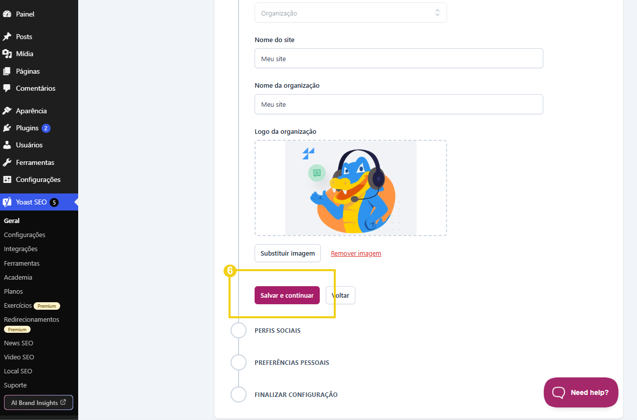 Imagem da seção Representação do site, destacando o botão Salvar e continuar