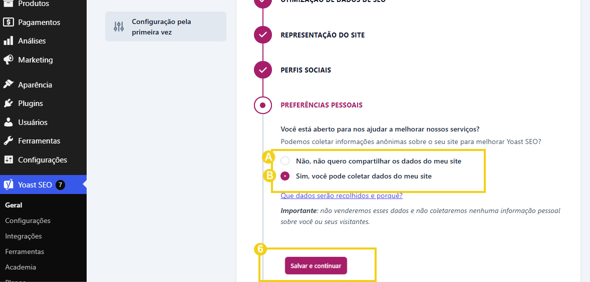 Imagem da seção Preferências pessoais, com as opções de coleta de dados anônimos