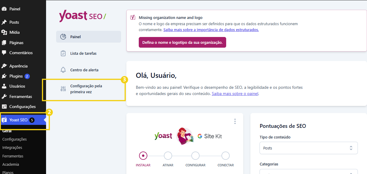 Imagem da tela inicial do Yoast SEO, destacando o botão Configuração pela primeira vez