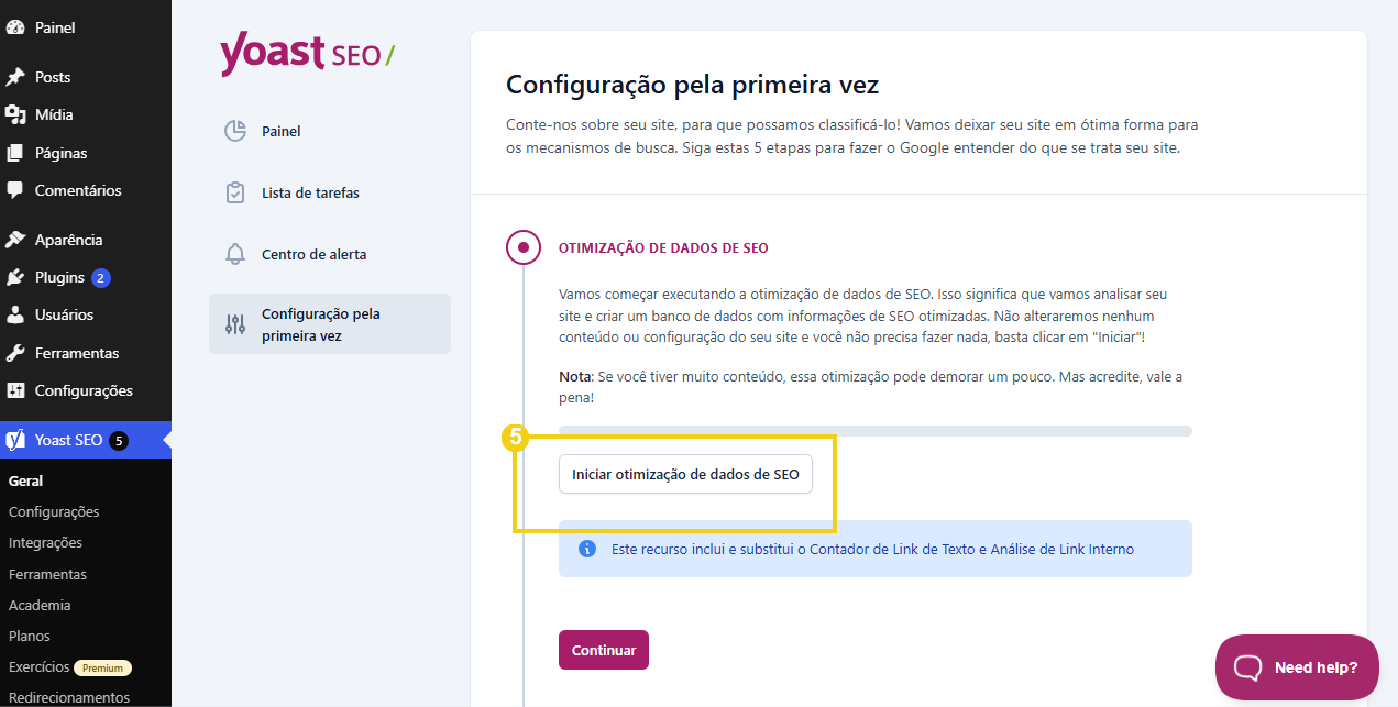 Imagem da seção Otimização de dados de SEO, destacando o botão Iniciar otimização de dados de SEO