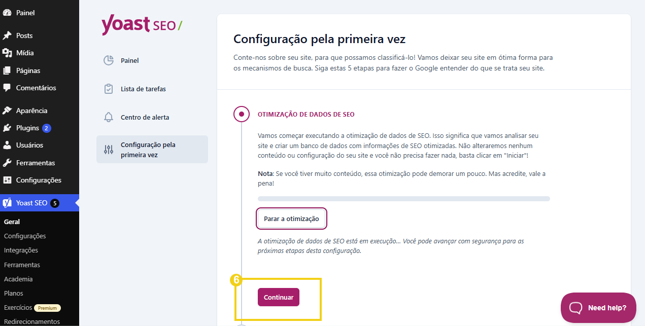 Imagem da etapa de configuração de dados SEO, destacando botão "Continuar"