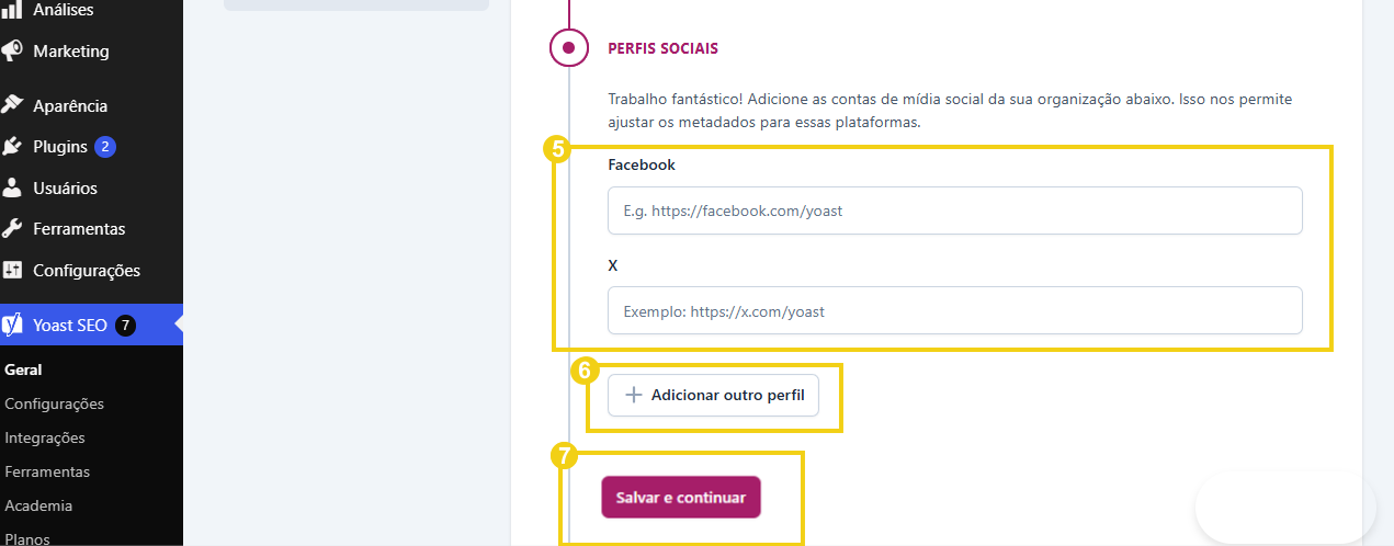 Imagem do campo de inserção de redes sociais do Yoast SEO