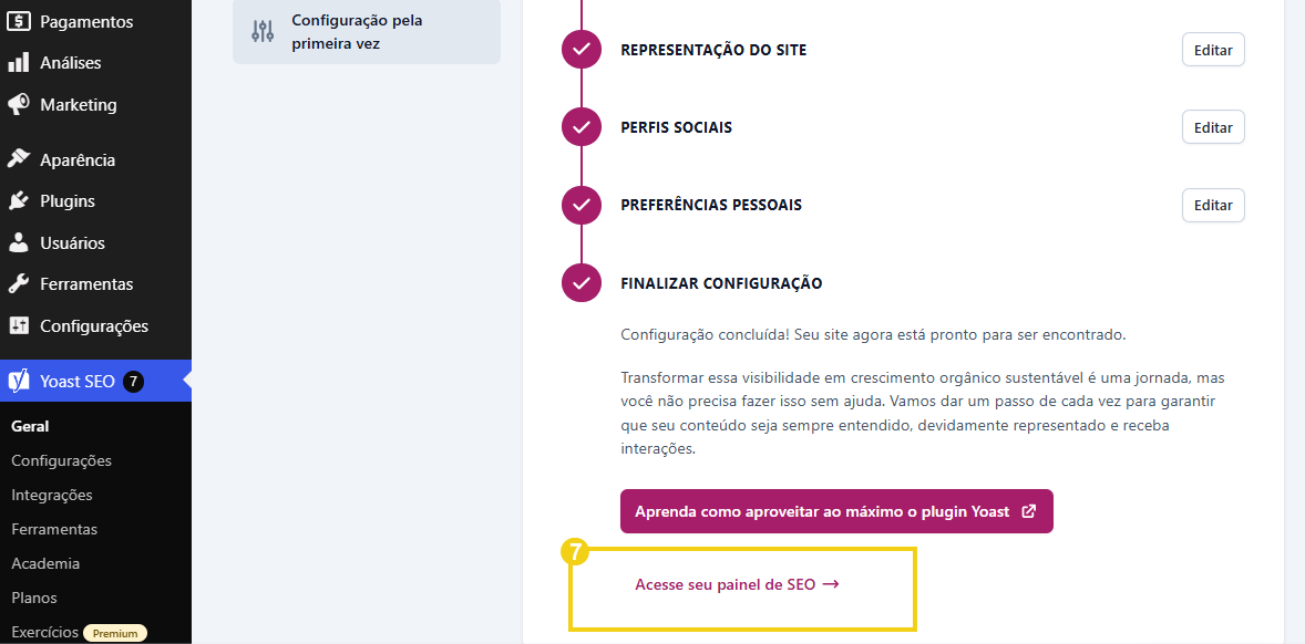 Imagem da tela de conclusão da configuração, destacando o botão Acesse seu painel de SEO