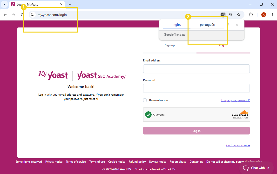 Imagem mostra a tela de login do Yoast com o recurso para tradução para Português