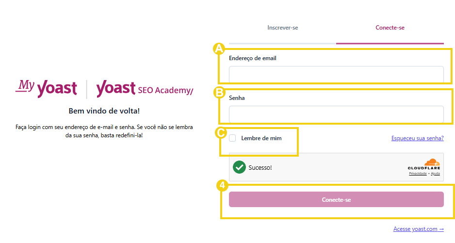 Imagem mostra a tela de login do Yoast com marcação nos campos para preenchimento