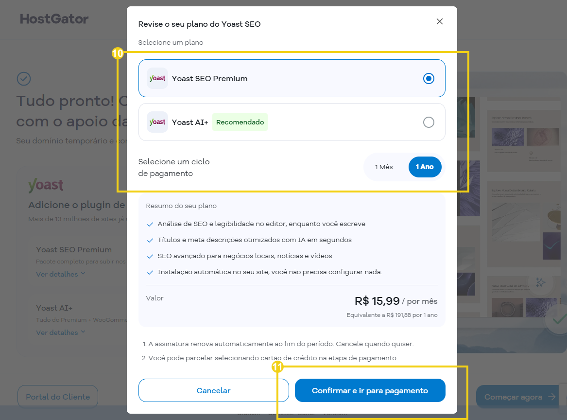 Imagem mostra a tela para revisar o plano Yoast escolhido e o ciclo de pagamento, para prosseguir para o pagamento