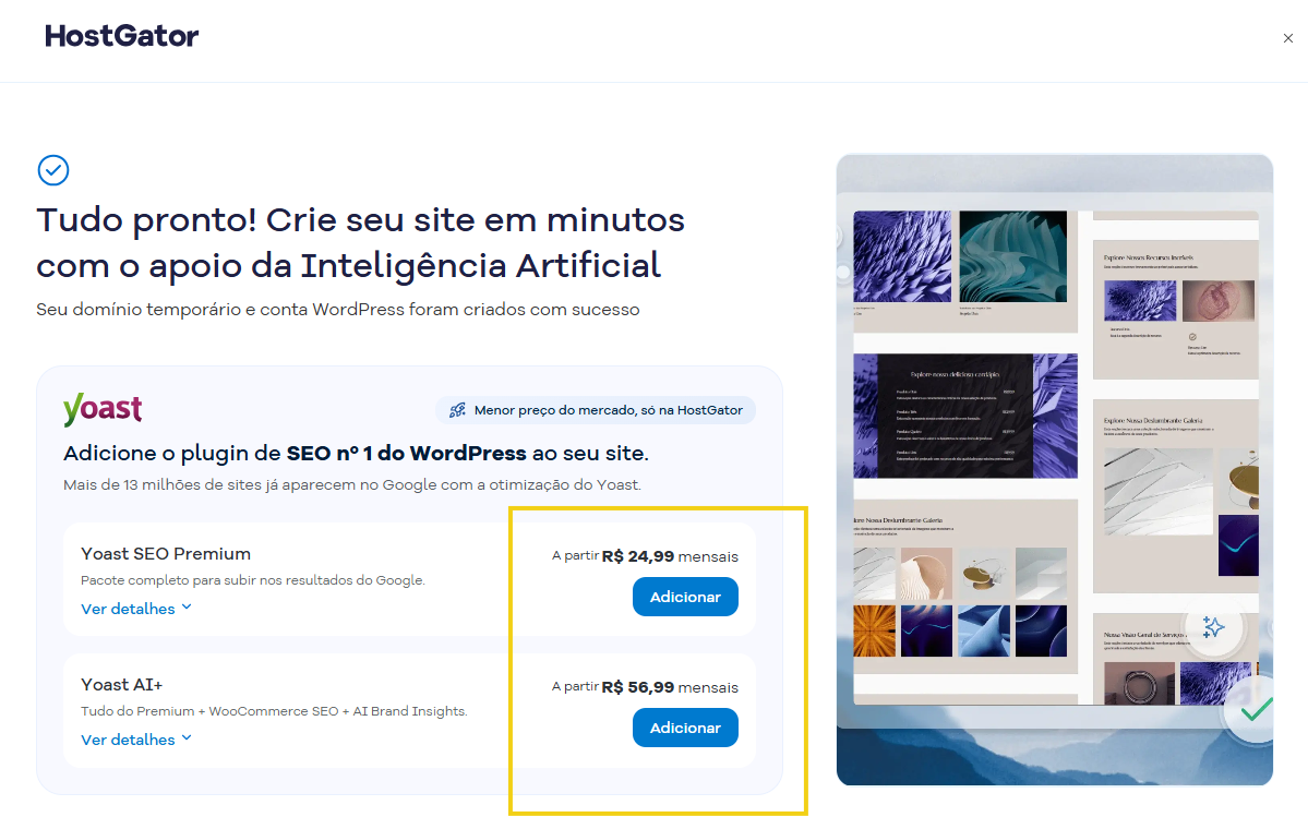 Imagem mostra a marcação nos botões para contratar um dos pacotes Yoast