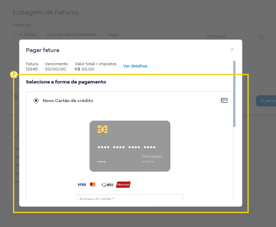 Imagem mostra a tela da fatura para escolher a forma de pagamento