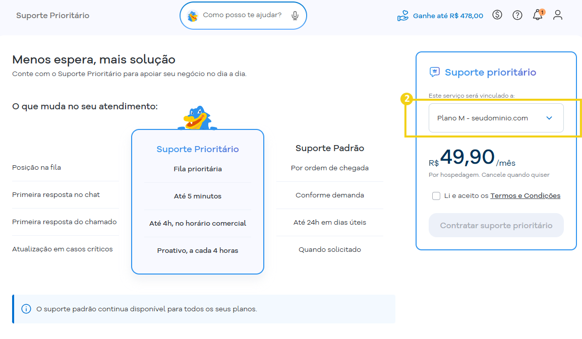Tela de contratação do serviço “Suporte prioritário”, com comparação entre fila prioritária, suporte padrão e valores mensais de R$ 49,90 por hospedagem.