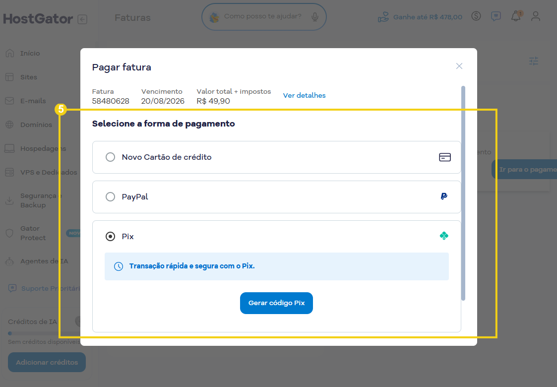 Tela de pagamento de fatura no HostGator mostrando a seleção de forma de pagamento, com opções como cartão de crédito, PayPal e Pix, incluindo botão para gerar código Pix.