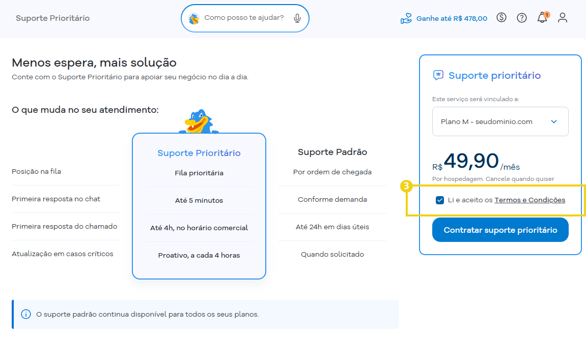 Tela de contratação do suporte prioritário com opções de fila prioritária, resposta em até 5 minutos e custo de R$ 49,90 no site.