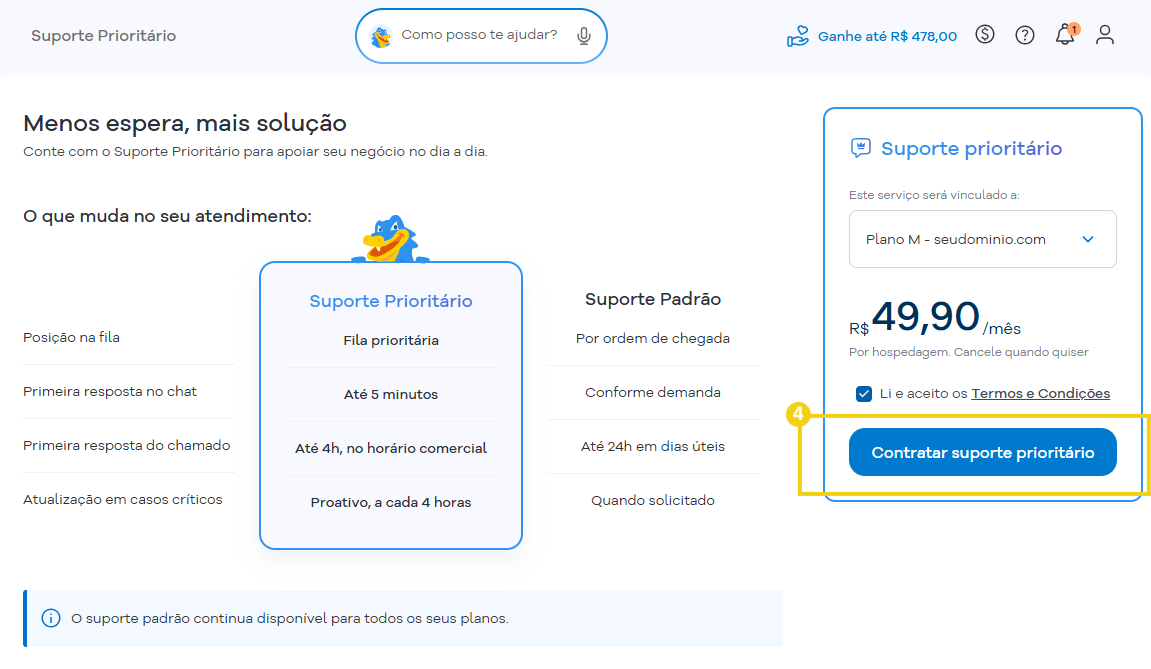 Tela de oferta de suporte prioritário no atendimento ao cliente, com comparação para suporte padrão e descrição de benefícios como fila prioritária e tempo de resposta.