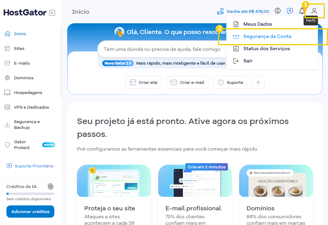Tela de gerenciamento de sites no HostGator, destacando a opção do ícone de perfil em seguida segurança da conta