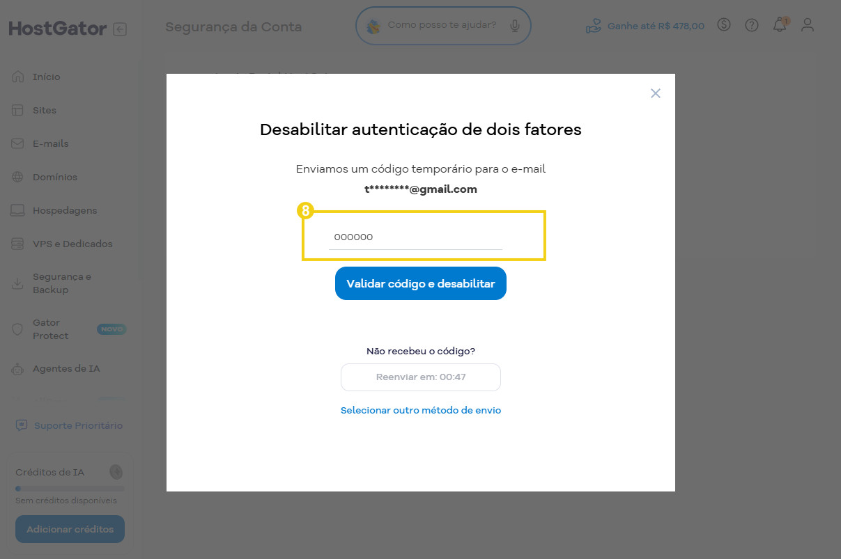 Tela de verificação do HostGator mostrando desabilitar autenticação de dois fatores, com campo para inserir código temporário enviado ao e-mail e botão para validar o código.