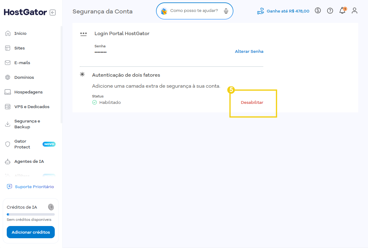 Tela do painel HostGator com login do Portal HostGator e opção de autenticação de dois fatores, exibindo o status “Habilitado” e botão “Desabilitar”.