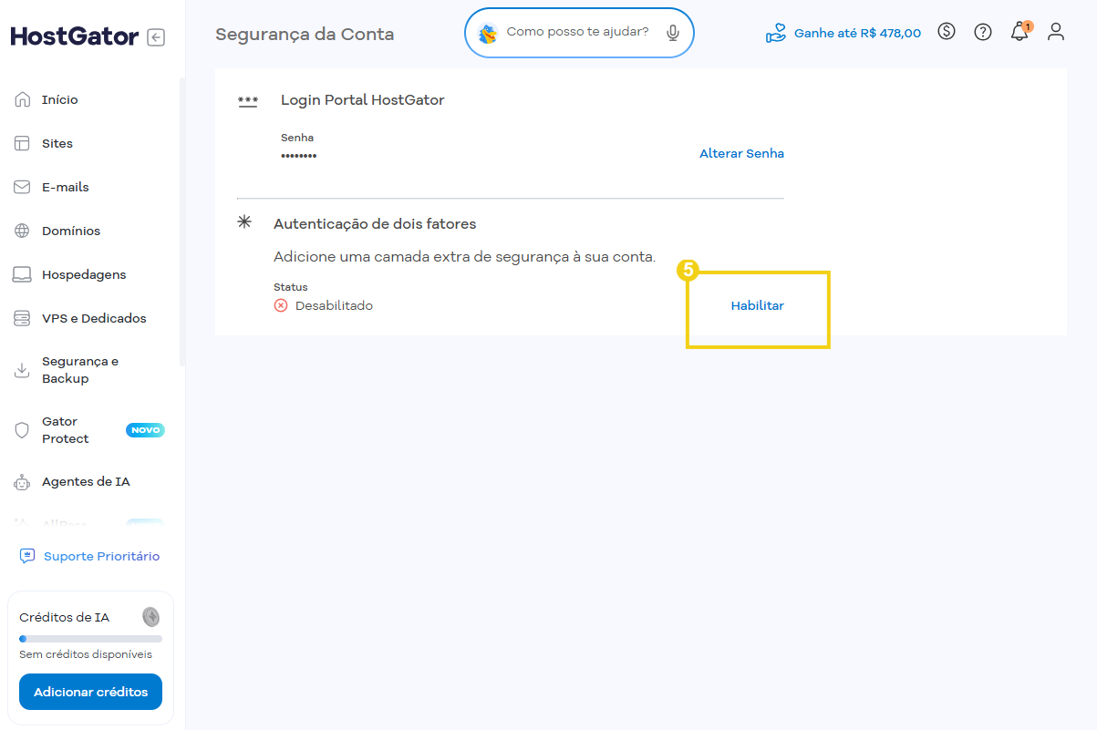 Tela do painel de Segurança da Conta no HostGator com login, autenticação de dois fatores e botão “Habilitar” selecionado, indicando configuração de segurança.