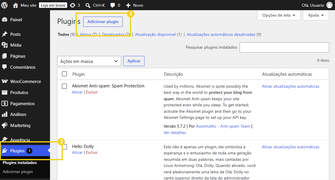 Tela de plugins do WordPress com a opção Adicionar plugin