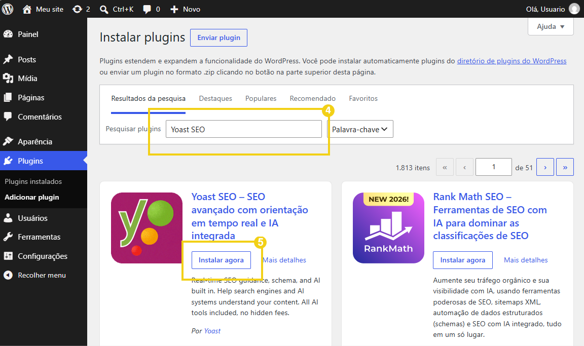 Resultado da pesquisa pelo Yoast SEO no WordPress com o botão Instalar agora