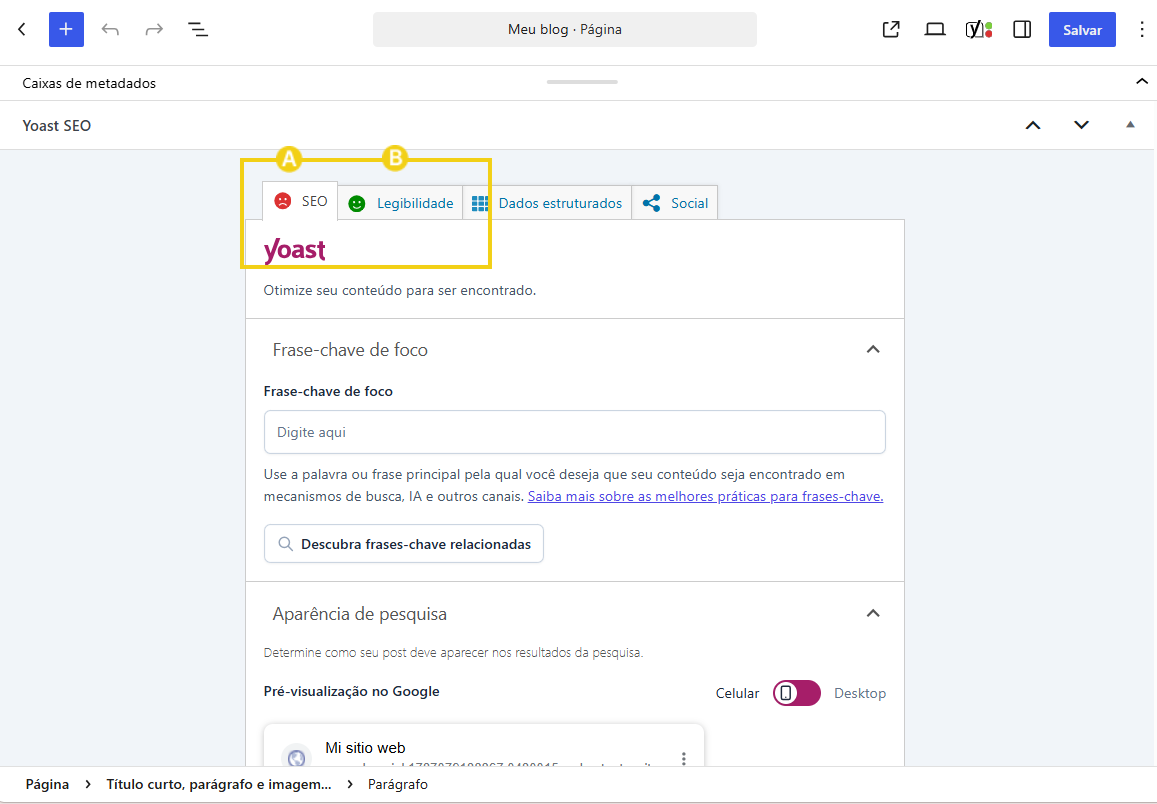 Yoast SEO com as abas SEO e Legibilidade disponíveis