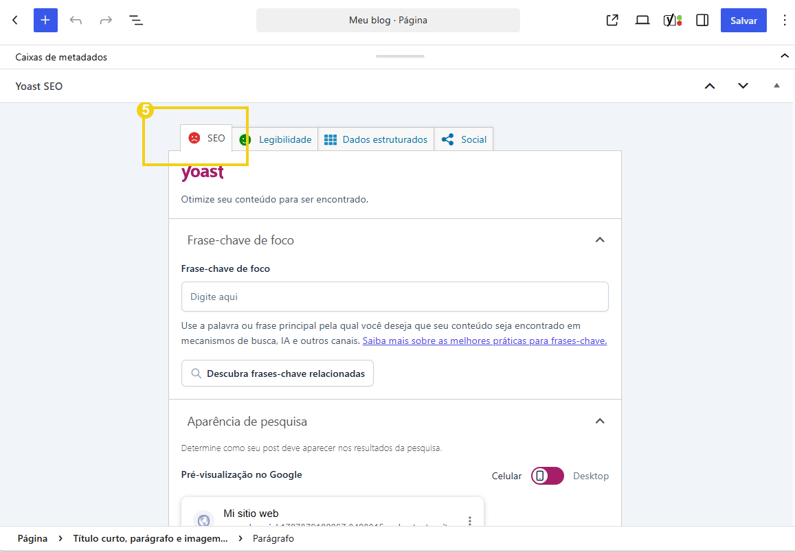 Aba SEO do Yoast SEO aberta na edição da página