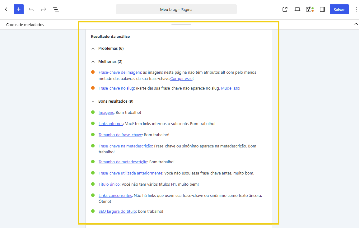 Resultado da Análise de SEO do Yoast SEO com indicadores de otimização
