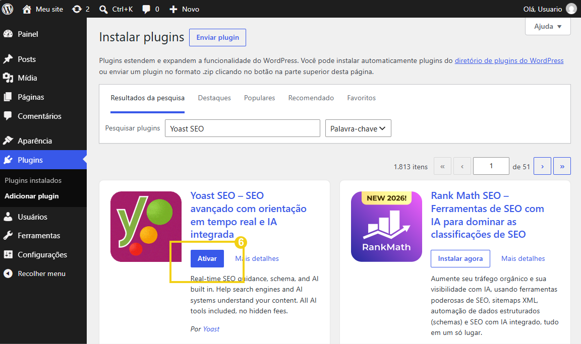 Tela do Yoast SEO no WordPress com o botão Ativar após a instalação