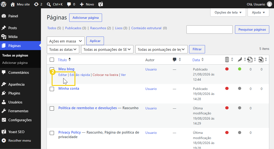 Lista de páginas do WordPress com a opção Editar