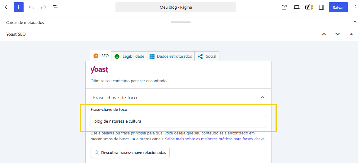 Campo "Frase chave de foco" do Yoast SEO para definir o termo de otimização
