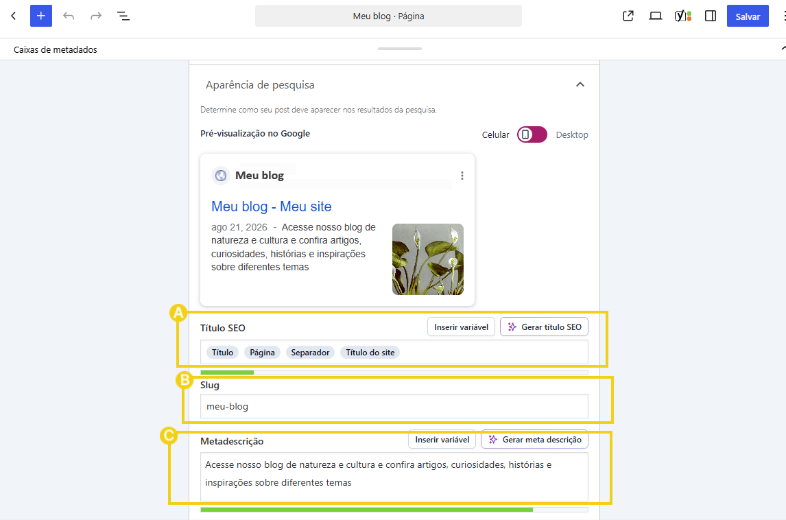Seção Pré-visualização do Google do Yoast SEO com campos de título SEO, slug e metadescrição