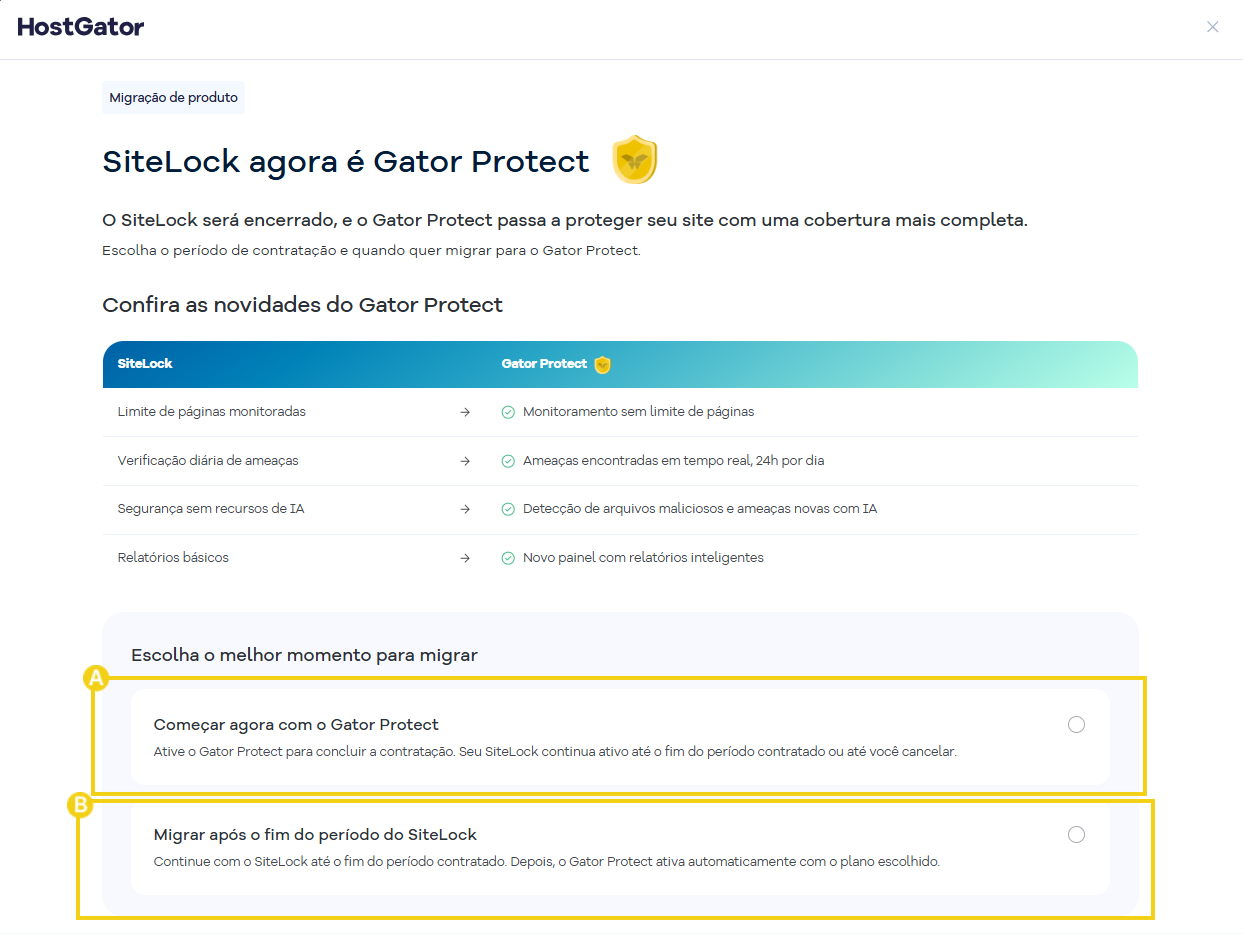 Tela do Portal do Cliente com as opções para escolher quando migrar do SiteLock para o Gator Protect.