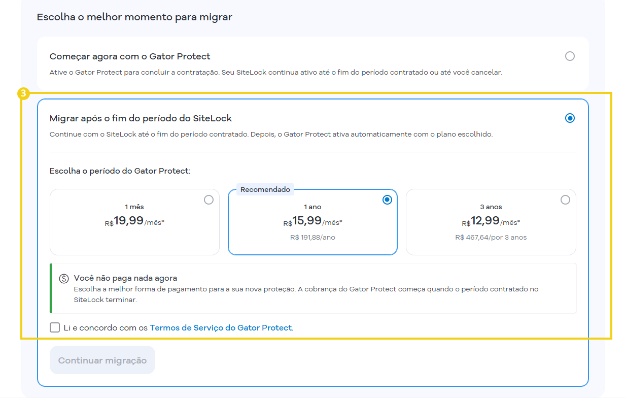 Imagem da tela de seleção para migrar o produto