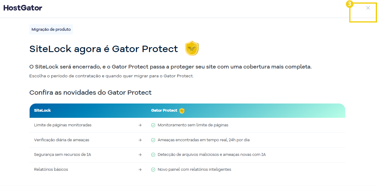 Tela do Portal do Cliente com as opções para fechar a mensagem sobre o encerramento do SiteLock ou decidir mais tarde.