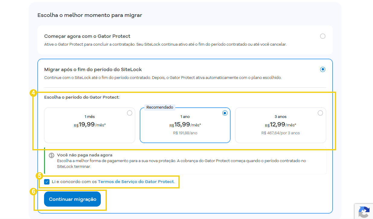 Tela do Portal do Cliente com a opção de migrar para o Gator Protect após o fim do ciclo atual do SiteLock.