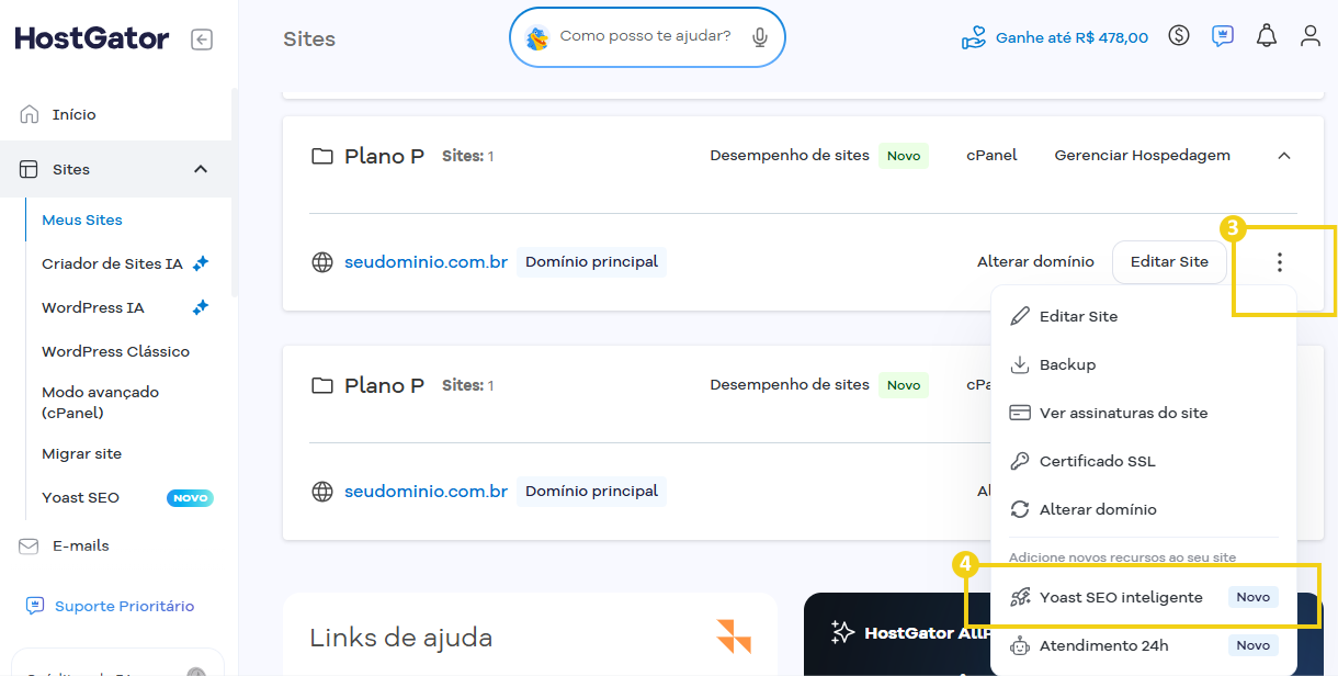 Imagem do Portal do Cliente, na tela "Sites", com marcação no fluxo de acesso