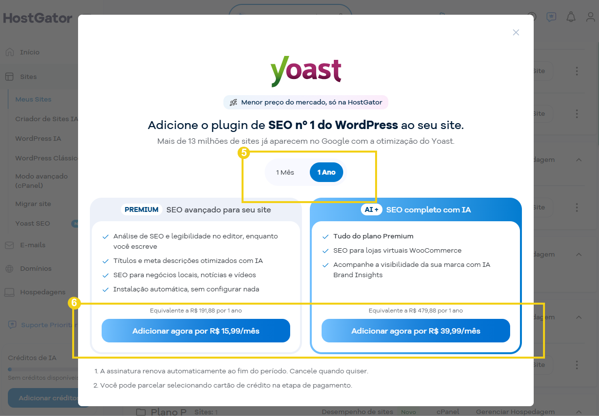 Imagem mostra a tela para escolher o ciclo de pagamento e os pacotes Yoast disponíveis