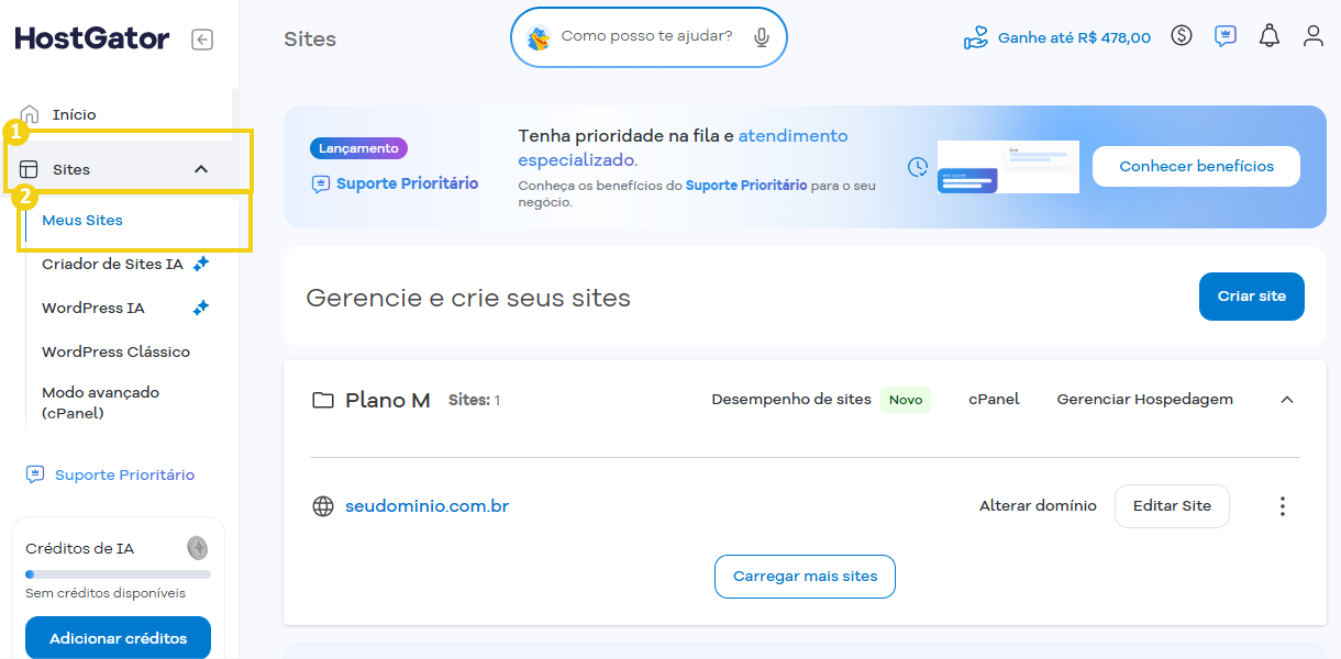 Imagem do Portal do Cliente HostGator, destacando as opções  "Sites" e "Meus Sites" do menu lateral